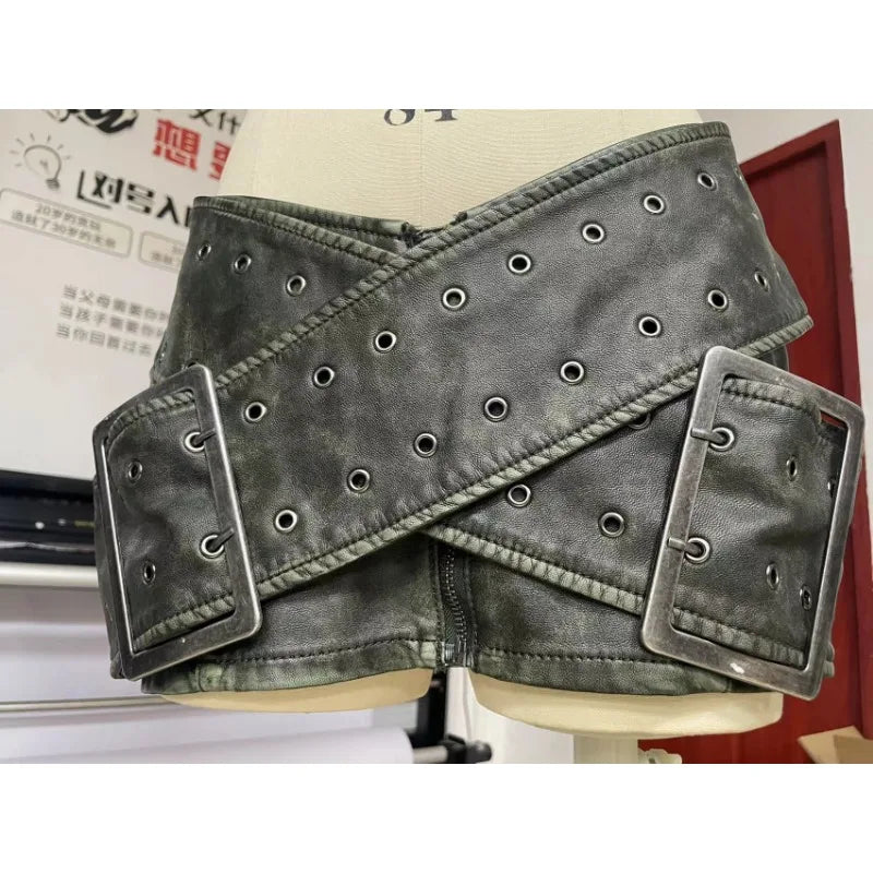 Vintage PU Leather Skirts Women Belt Bandage Hip Skirts 2023 Fall Winter New Popular Y2K Streetwear Sexy Night Club Party Outfit