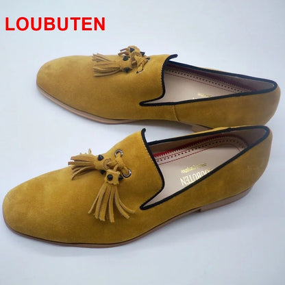 LOUBUTEN New Men Leather Shoes Fashion Yellow Suede Loafers Handmade Tassel Dress Shoes Breathable Summer Casual Shoes