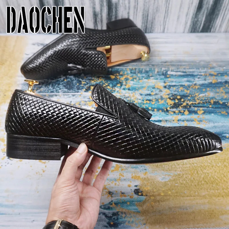 Elegant Men's Loafers Shoes Slip On Casual Dress Pointed Toe Shoes Black Office Business Wedding Real Leather For Shoes