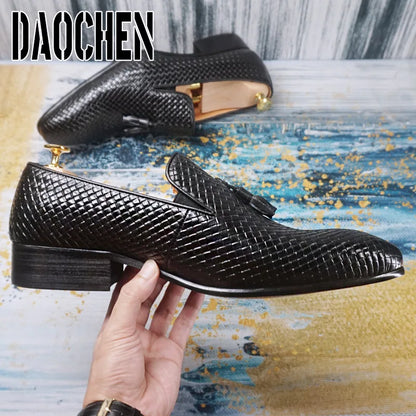 Elegant Men's Loafers Shoes Slip On Casual Dress Pointed Toe Shoes Black Office Business Wedding Real Leather For Shoes