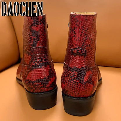 Luxury Brand Men's Boots High Zipper Mid-Calf Boots Slip On Python Casual Shoes Red White Basic Boots Leather Shoes Men