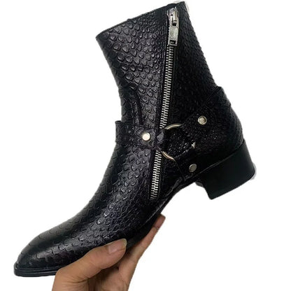 Fashion Men Snakeskin Print Leather Boots Point Toe Booties Mujer Botas Zip Wedding Dress Shoes Party Male Side Buckle