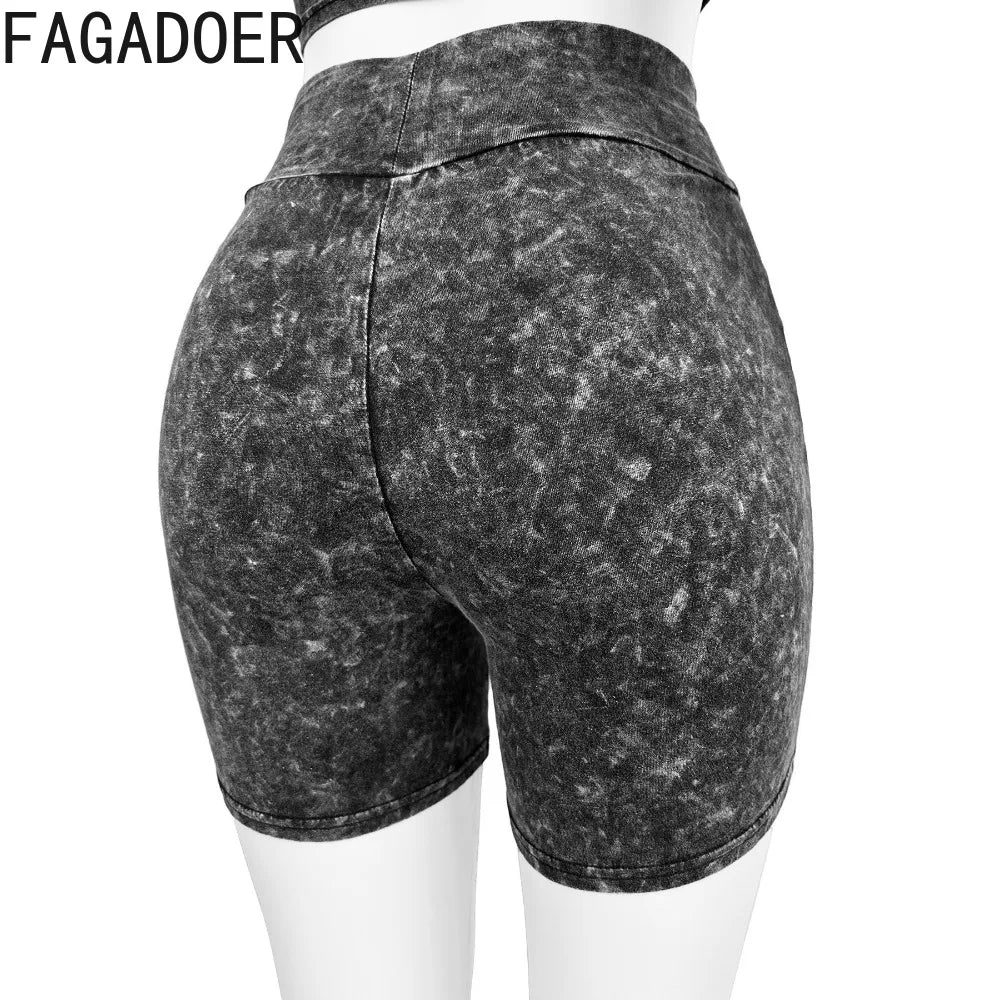 FAGADOER Fashion High Quality Stretch Vintage Tie Dye Biker Shorts Two Piece Sets Women Round Neck Crop Top And Shorts Outfits