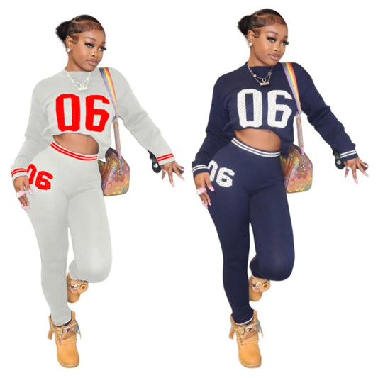 Women Set Fall Winter Knit Tight Long Sleeve Letter Crop Top Sweater And Skinny Pants  Casual 2 Piece Set Tracksuit Sweater Sets