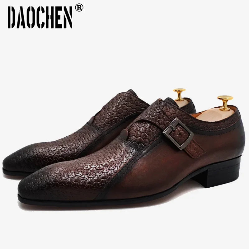 Luxury Men Loafers Shoes Fashion Prints Buckle Strap Men Dress Casual Shoes Black Brown Wedding Office Leather Shoes Men