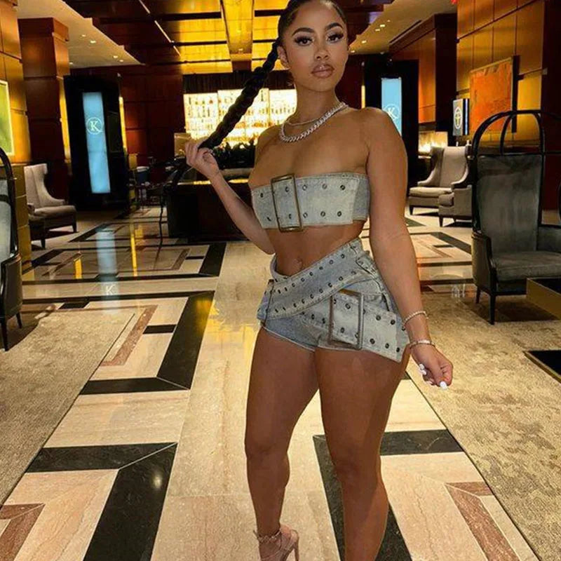 Streetwear Denim Short Sets Womens 2 Piece Outfit Birthday Button Strapless Crop Top and Shorts Y2K Festival Conjuntos Cortos