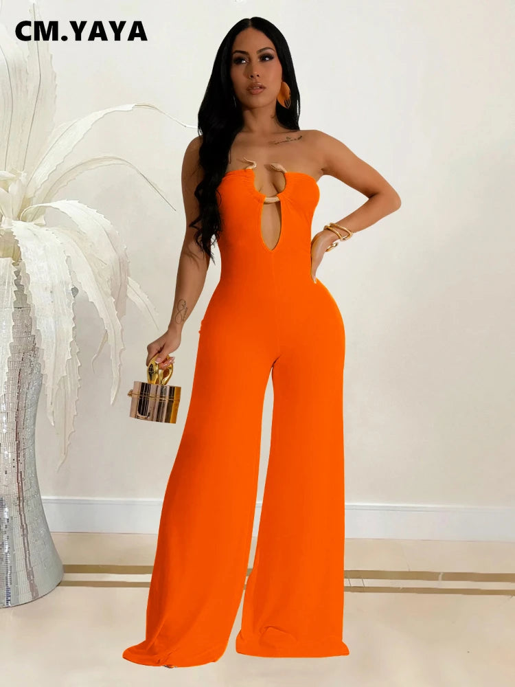 CM.YAYA Women Wide Leg Deep V-Neck Sleeveless Jumpsuits 2024 Summer Hollow Out Night Street Club Playsuit One Piece Suit Romper