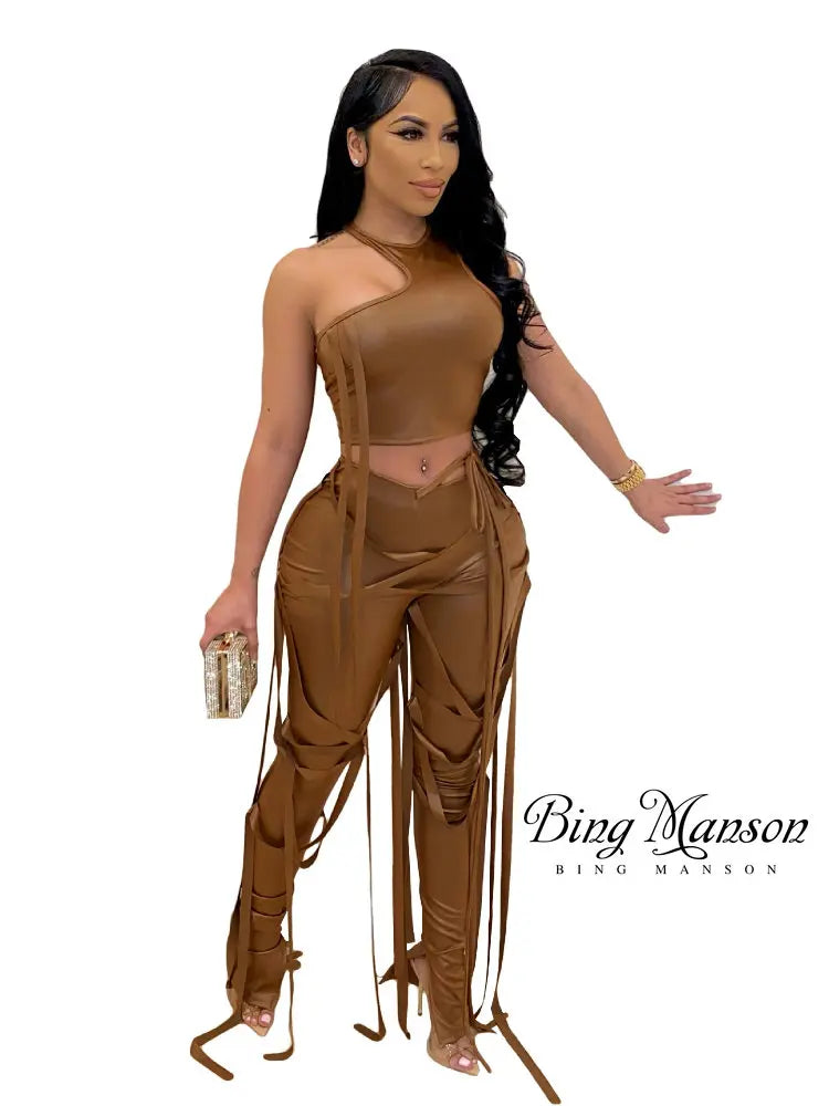 Autumn Solid Leather Women's Pants 2023 High Waist Tight Solid Pencil Pants Strap Asymmetric Pants Two Piece Tank Top Strap Set