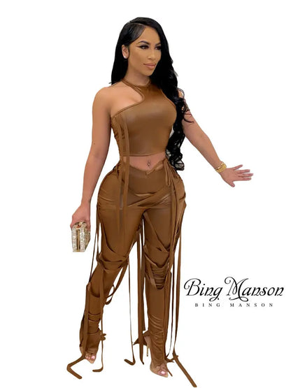 Autumn Solid Leather Women's Pants 2023 High Waist Tight Solid Pencil Pants Strap Asymmetric Pants Two Piece Tank Top Strap Set