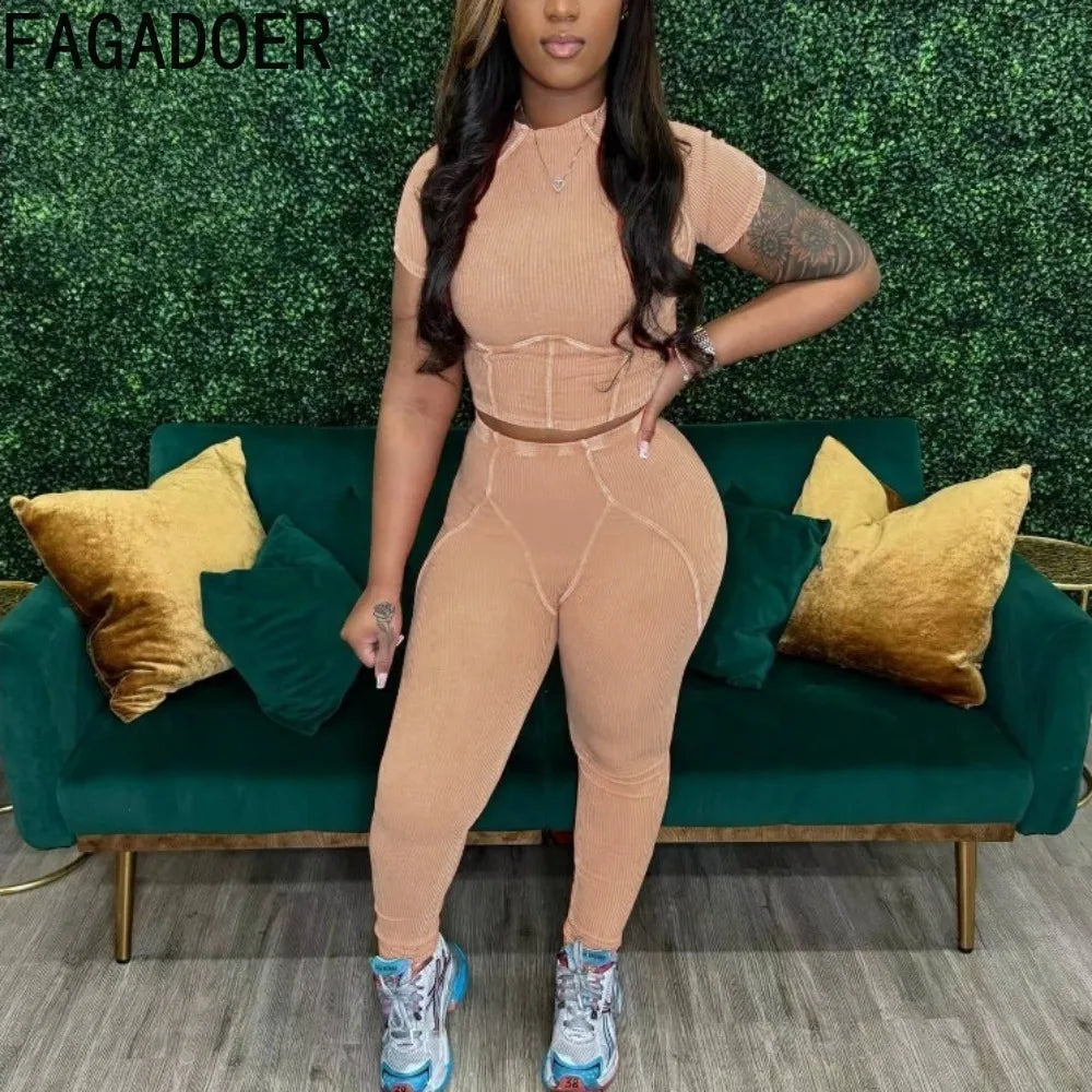 FAGADOER Casual High Quality Ribber Sporty Two Piece Sets Women Round Neck Short Sleeve Crop Top And Legging Pants Tracksuits