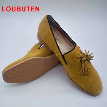 LOUBUTEN New Men Leather Shoes Fashion Yellow Suede Loafers Handmade Tassel Dress Shoes Breathable Summer Casual Shoes