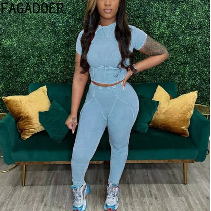 FAGADOER Casual High Quality Ribber Sporty Two Piece Sets Women Round Neck Short Sleeve Crop Top And Legging Pants Tracksuits