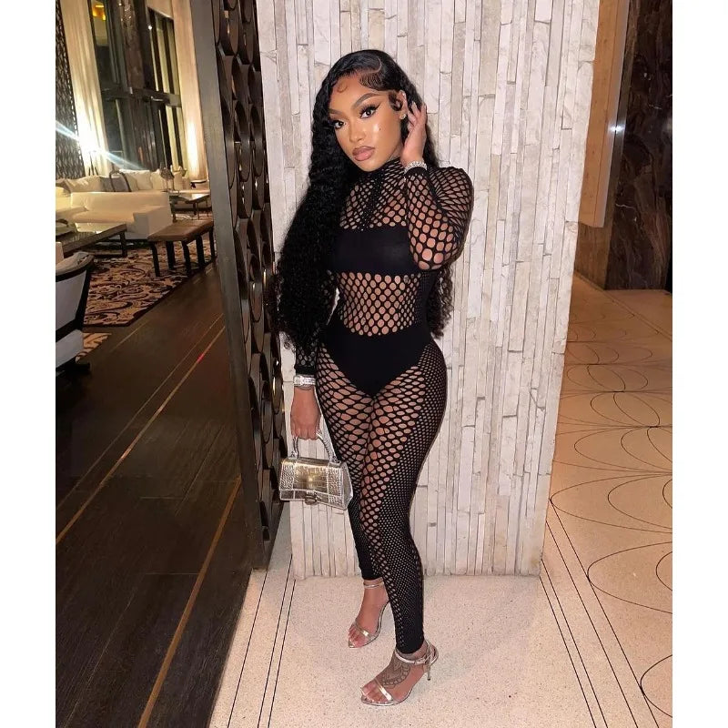 Sexy Hollow Out Mesh Women 2 Piece Set Solid Black Skinny Mock Neck Outfits 2024 Spring See Through Night Club Party Wear