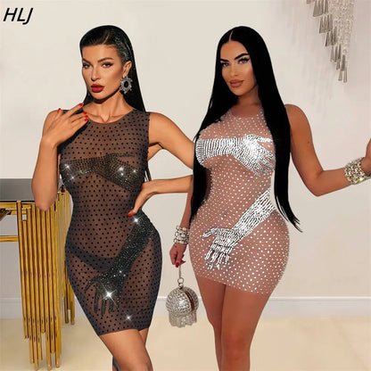 HLJ Sexy Mesh Perspective Rhinestone Bodycon Party Club Mini Dresses Women Round Neck Sleeveless Slim Vestidos Fashion Clothing