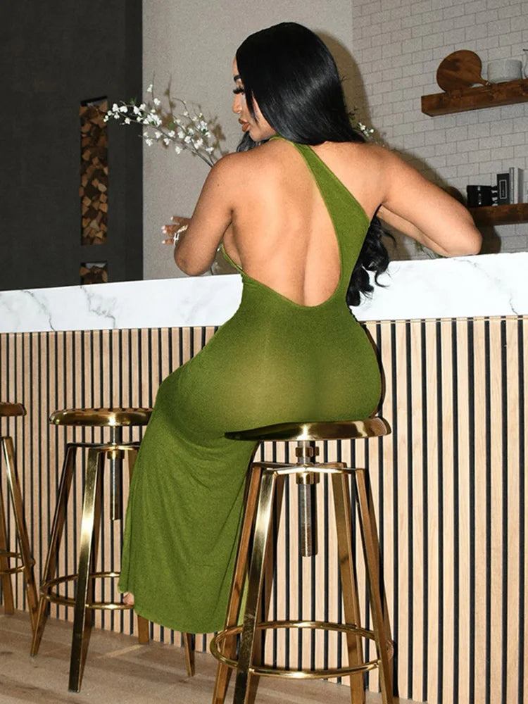 kliou Summer Women Dress Casual&Sexy Inclined Shoulder Backless One Piece Vestido Lady Solid Elegant France Style Robe Attire