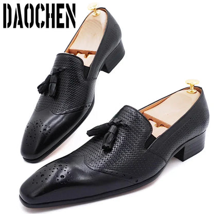 Luxury Brand Men Real Leather Shoes Black Brown Tassel Wingtip Elegant Mens Dress Casual Shoes Wedding Party Loafers Men