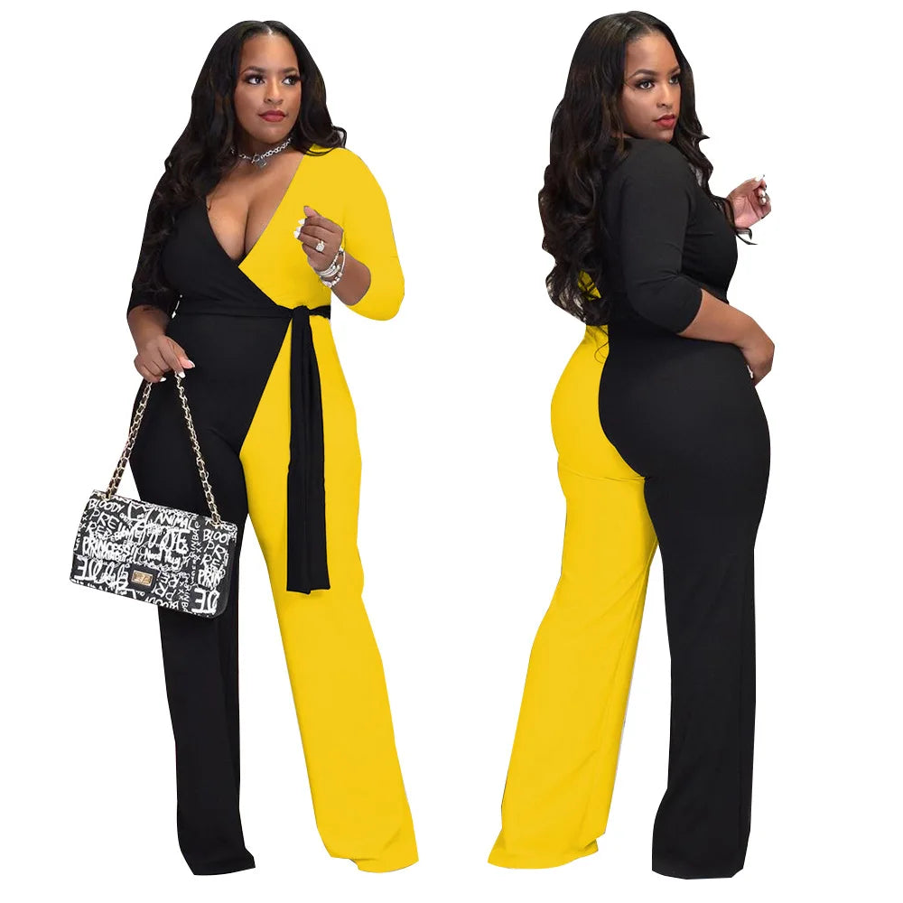 WSFEC XL-5XL 2023 Long Sleeve Plus Size Jumpsuit Women Fall Clothehs Sexy One Piece Outfit With Sashes Wholesale Dropshipping