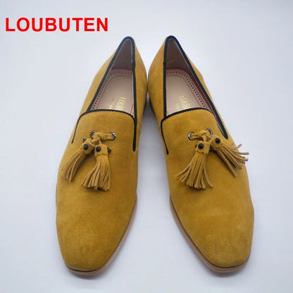 LOUBUTEN New Men Leather Shoes Fashion Yellow Suede Loafers Handmade Tassel Dress Shoes Breathable Summer Casual Shoes