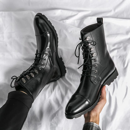 Men Lace Up High-top Boots Fashionable Outdoor Black Combat Boots