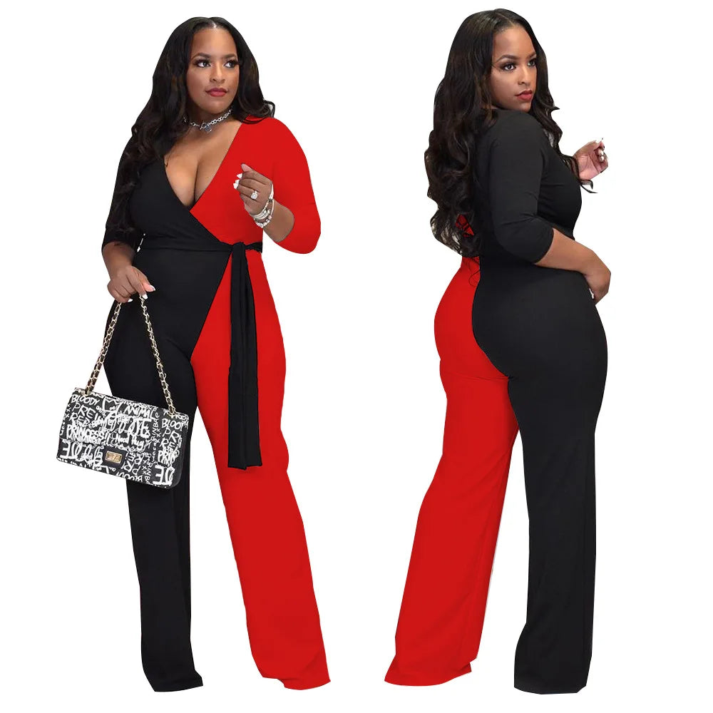 WSFEC XL-5XL 2023 Long Sleeve Plus Size Jumpsuit Women Fall Clothehs Sexy One Piece Outfit With Sashes Wholesale Dropshipping