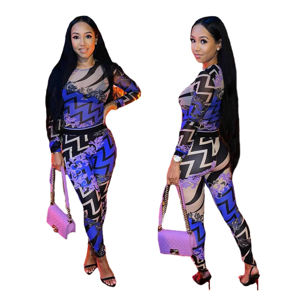 Ladies Nightclub Beautiful Commuter Pants Set Spring Printed Long Sleeve O-neck T-shirt & Slim Leggings