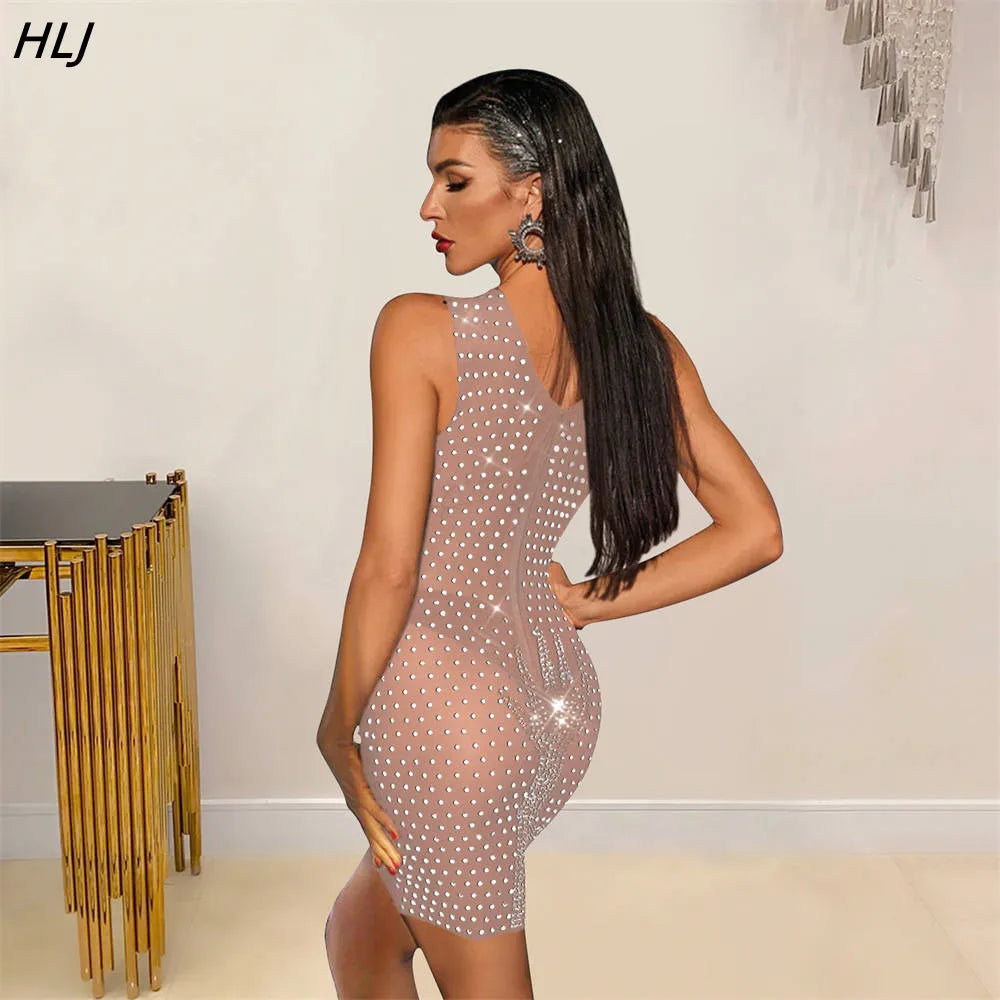 HLJ Sexy Mesh Perspective Rhinestone Bodycon Party Club Mini Dresses Women Round Neck Sleeveless Slim Vestidos Fashion Clothing