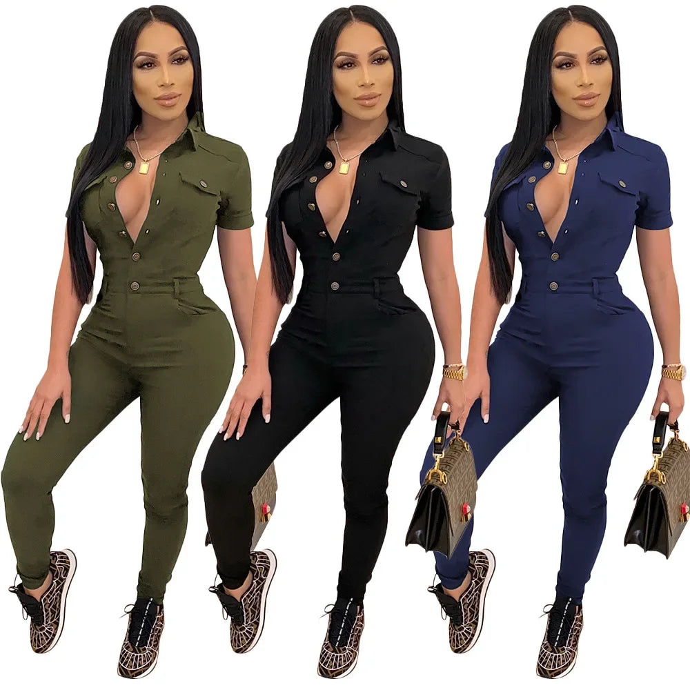 Autumn Women Jumpsuit Solid Color Summer Casual Lapel Neck Work Overalls Ladies Skinny Button Long jumpsuit Streetwear