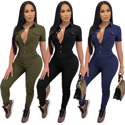 Autumn Women Jumpsuit Solid Color Summer Casual Lapel Neck Work Overalls Ladies Skinny Button Long jumpsuit Streetwear