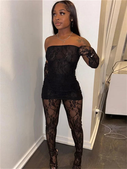 Sheer Lace Women 3 Piece Sets Solid Strapless See Through Tupe Top Hot Skinny Pantyhose Pants Baddie Club Outfit Lingerie Suit