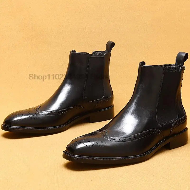 Genuine Leather Men's Ankle Boots Classic Italian High Top Dress Shoe Slip On Formal Shoes For Men Black Chelsea Leather Boot