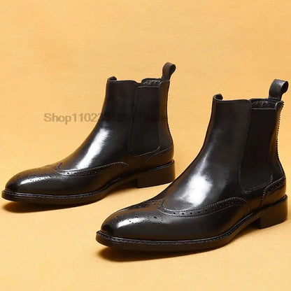 Genuine Leather Men's Ankle Boots Classic Italian High Top Dress Shoe Slip On Formal Shoes For Men Black Chelsea Leather Boot