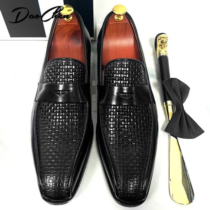 Luxury Brand Men's Leather Shoes Black Brown Prints Pointed Toe Casual Mens Dress Shoes Wedding Office Penny Loafers Men