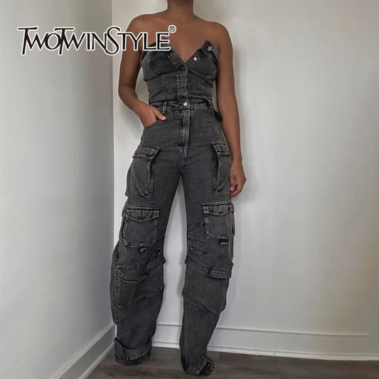 TWOTWINSTYLE Slimming Streetwear Denim Jumpsuits For Women Strapless Sleeveless High Waist Patchwork Pockets Jumpsuit Female New