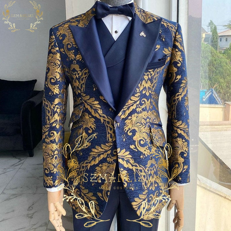 2022 Black Gold Jacquard Prom Suits For Men 3 Piece Wedding Tuxedos Custom Made Formal Male Fashion Costume Jacket Vest Pants