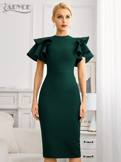 Adyce New Summer Green O Neck Midi Bandage Dress For Women 2022 Sexy Ruffles Short Sleeve Hot Celebrity Club Evening Party Dress