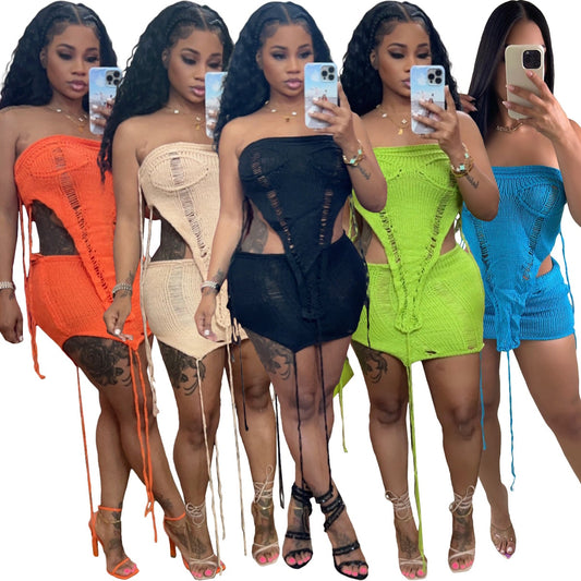 Casual Women Skirt Two Piece Set Beach Tank Top + Mini Dress Drawstring Streetwear Matching Set Clothes For Women Outfit