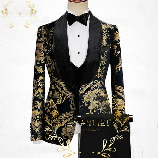 2022 Black Gold Jacquard Prom Suits For Men 3 Piece Wedding Tuxedos Custom Made Formal Male Fashion Costume Jacket Vest Pants