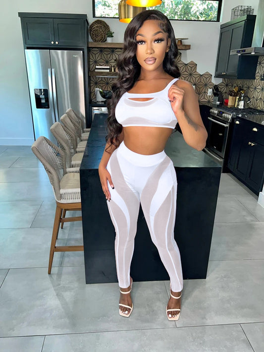 Echoine Sleeveless Tank Top Legging Pants Two Piece Set Sheer Mesh Hollow Out Outfits Women Solid Streetwear Summer Tracksuit