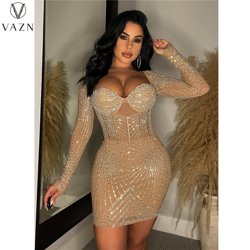 VAZN 2023 Pure Color Lady Mini Short Dress Women New Sexy High Street Style Short Dress Long Sleeve Square Neck Dress