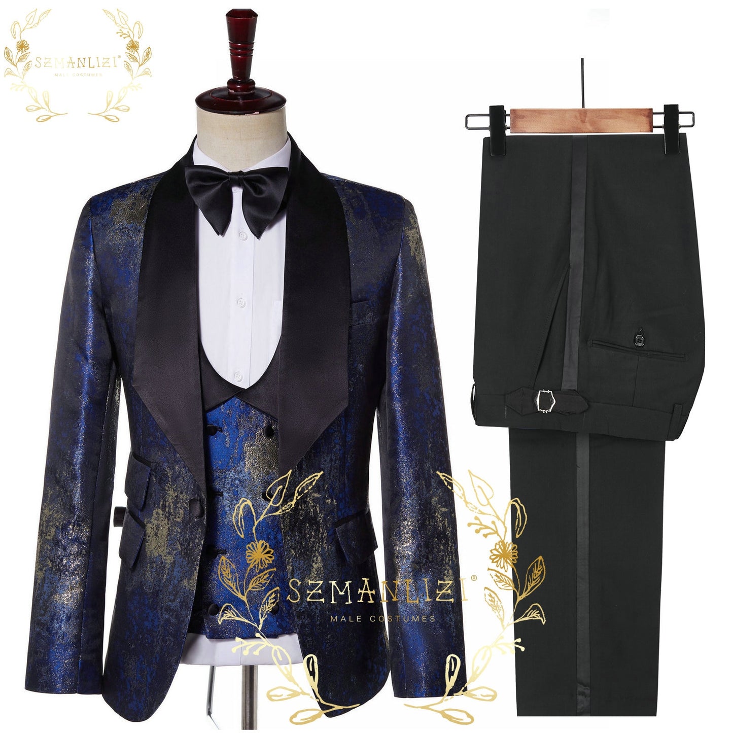 2022 Black Gold Jacquard Prom Suits For Men 3 Piece Wedding Tuxedos Custom Made Formal Male Fashion Costume Jacket Vest Pants