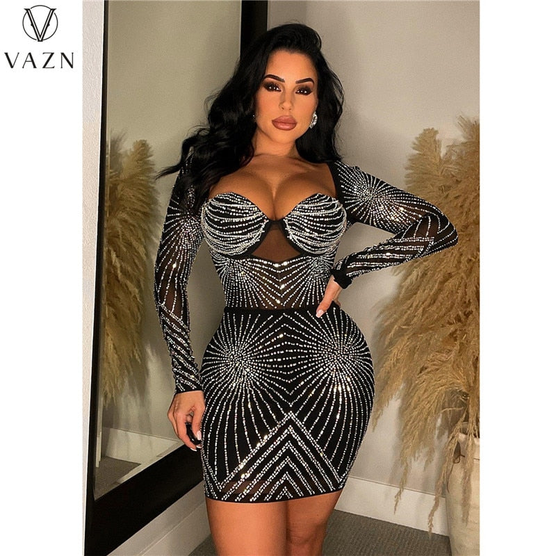 VAZN 2023 Pure Color Lady Mini Short Dress Women New Sexy High Street Style Short Dress Long Sleeve Square Neck Dress