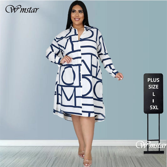 Plus Size Dresses Women  Wholesale Buttons Casual Long Sleeve Loose Office Lady Fashion New Shirt Midi Dress Dropshipping