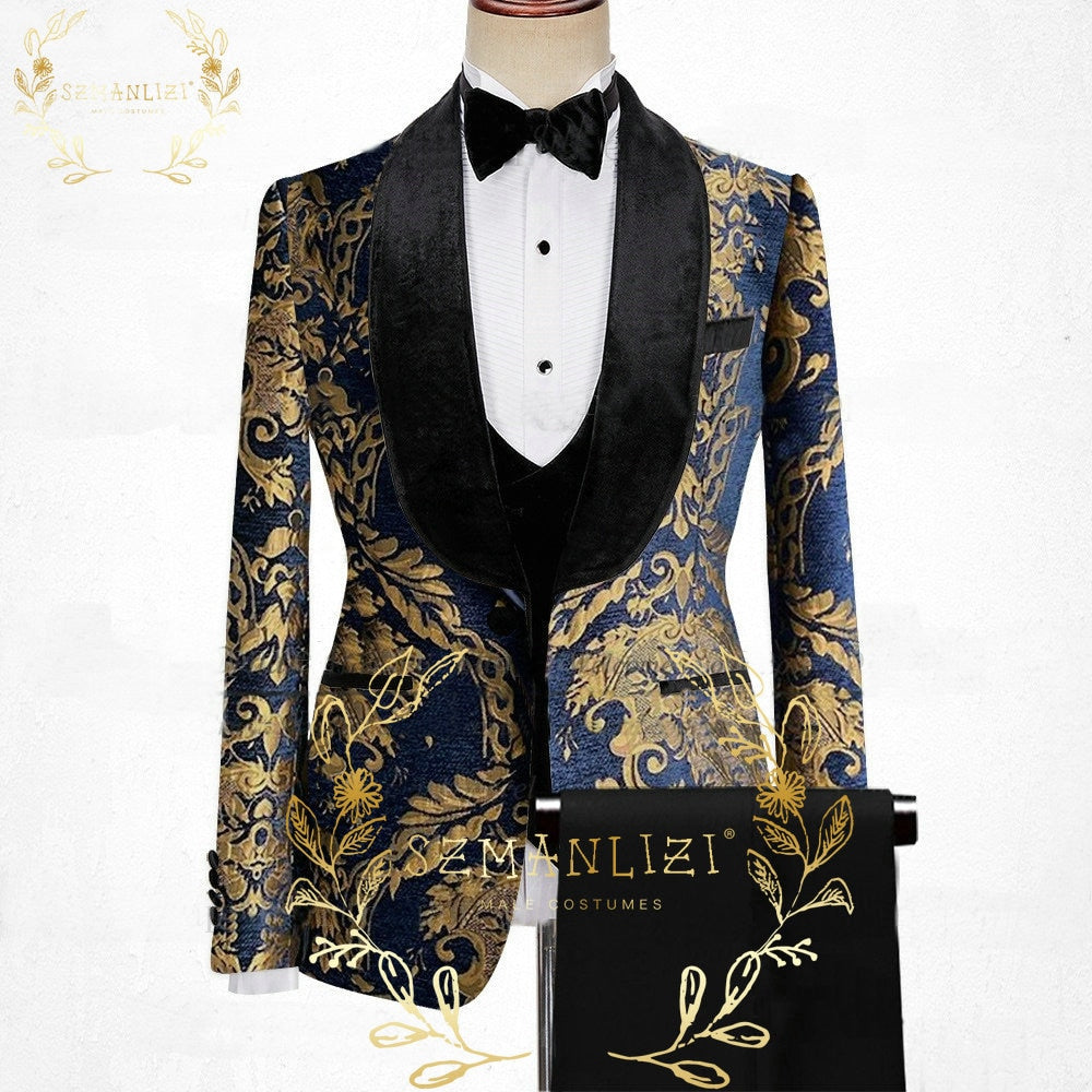 2022 Black Gold Jacquard Prom Suits For Men 3 Piece Wedding Tuxedos Custom Made Formal Male Fashion Costume Jacket Vest Pants