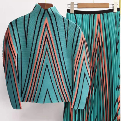 Miyake Pleated Fashion V-shaped Printed Women&#39;s Suit New Mid Neck T-shirt In 2023 Spring (Top+ Skirt) Two-piece Set