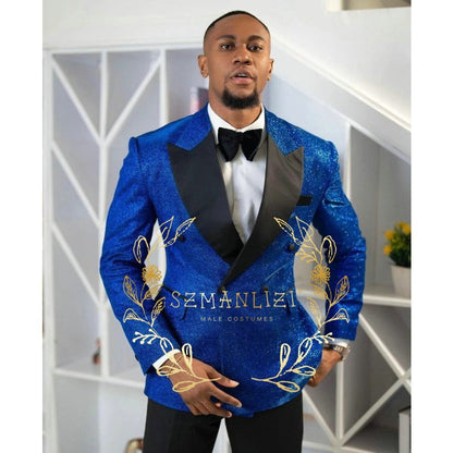 Shiny Royal Blue Groom Tuxedo Peaked Lapel Double Breasted Men Suit Prom Wedding Party Mens Suits Costume ( jacket+Pants)