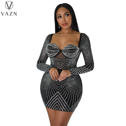 VAZN 2023 Pure Color Lady Mini Short Dress Women New Sexy High Street Style Short Dress Long Sleeve Square Neck Dress