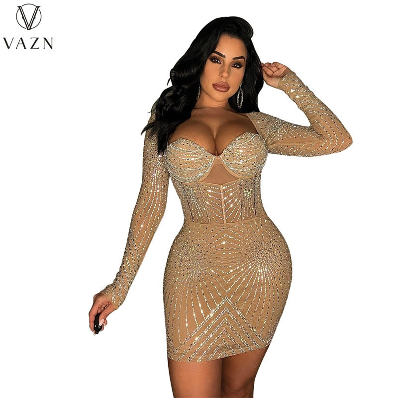 VAZN 2023 Pure Color Lady Mini Short Dress Women New Sexy High Street Style Short Dress Long Sleeve Square Neck Dress