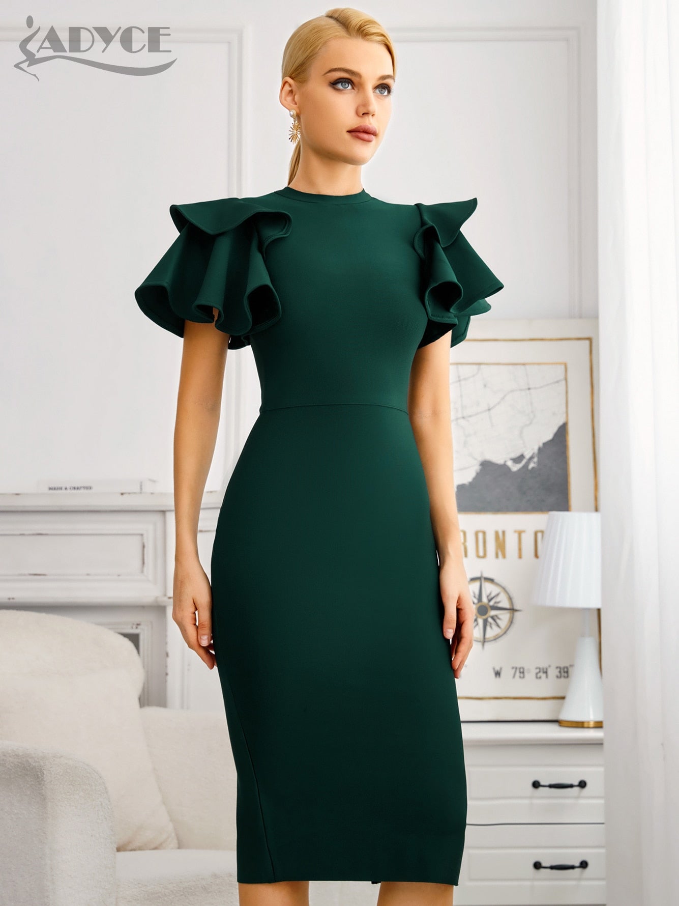 Adyce New Summer Green O Neck Midi Bandage Dress For Women 2022 Sexy Ruffles Short Sleeve Hot Celebrity Club Evening Party Dress