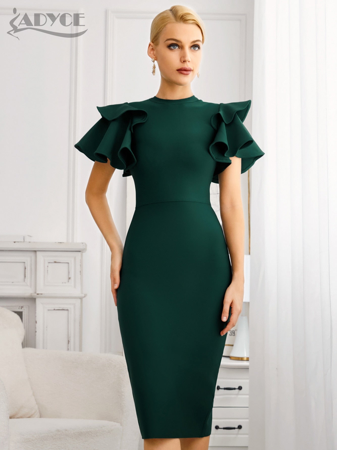 Adyce New Summer Green O Neck Midi Bandage Dress For Women 2022 Sexy Ruffles Short Sleeve Hot Celebrity Club Evening Party Dress