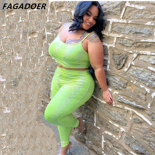 FAGADOER Green XL-5XL Plus Size Two Piece Sets Women Strap Sleeveless Crop Top And Skinny Pants Sexy Fashion Club Party Clothing